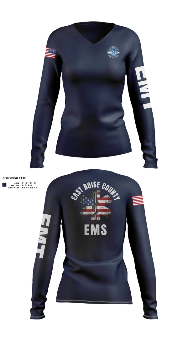 Womens Long Sleeve Vneck Shirt, East Boise county EMS, EMS/EMT, Teamtime, Team time, sublimation, custom sports apparel, team uniforms, spirit wear, spiritwear, sports uniforms, custom shirts, team store, custom team store, fundraiser sports, apparel fundraiser