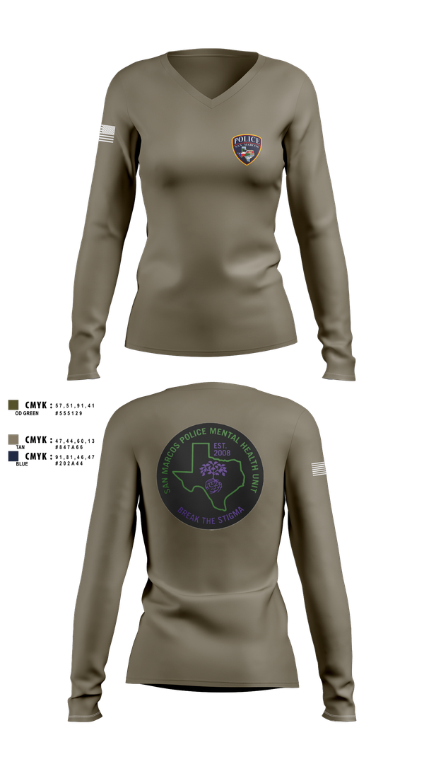 Womens Long Sleeve Vneck Shirt, SMPD Mental Health Unit, Police, Teamtime, Team time, sublimation, custom sports apparel, team uniforms, spirit wear, spiritwear, sports uniforms, custom shirts, team store, custom team store, fundraiser sports, apparel fundraiser