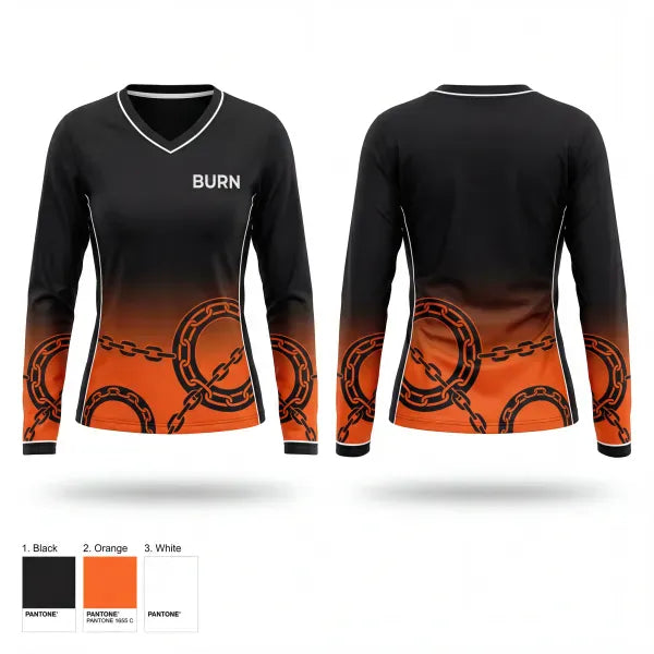 Womens Long Sleeve Vneck Shirt, BURN, Spirit Store, Teamtime, Team time, sublimation, custom sports apparel, team uniforms, spirit wear, spiritwear, sports uniforms, custom shirts, team store, custom team store, fundraiser sports, apparel fundraiser