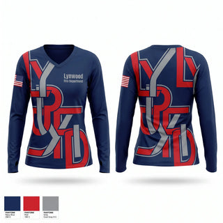 Womens Long Sleeve Vneck Shirt, Lynwood Fire Deparrment, Fire Department, Teamtime, Team time, sublimation, custom sports apparel, team uniforms, spirit wear, spiritwear, sports uniforms, custom shirts, team store, custom team store, fundraiser sports, apparel fundraiser