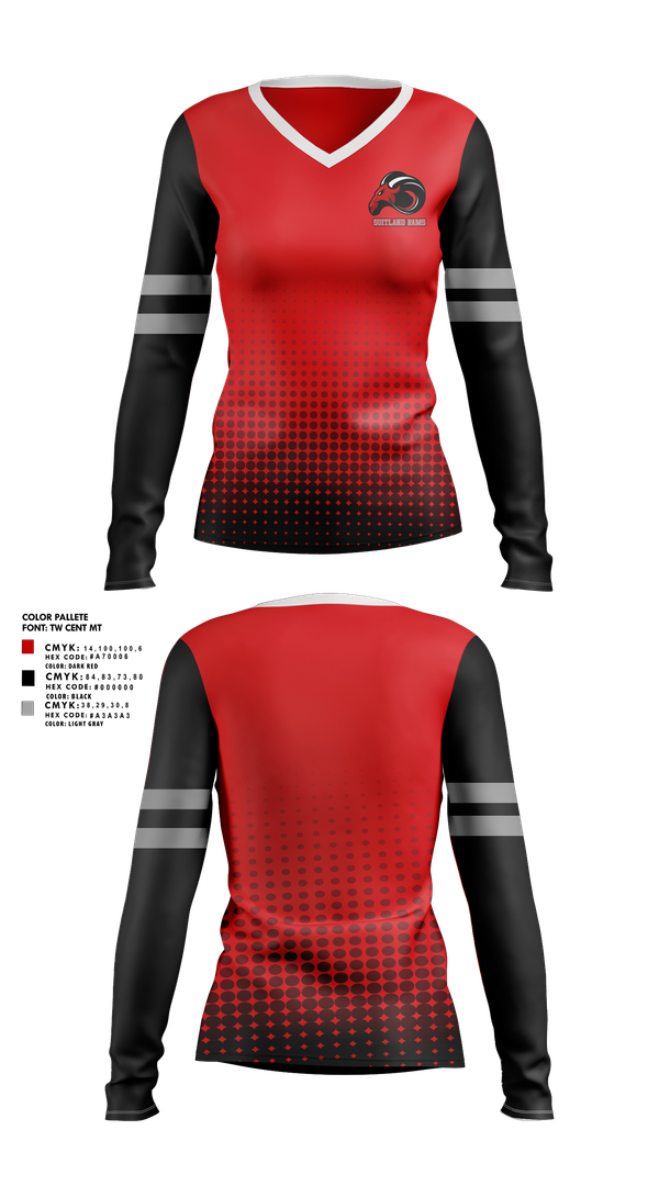 Womens Long Sleeve Vneck Shirt, Suitland Rams, , Teamtime, Team time, sublimation, custom sports apparel, team uniforms, spirit wear, spiritwear, sports uniforms, custom shirts, team store, custom team store, fundraiser sports, apparel fundraiser