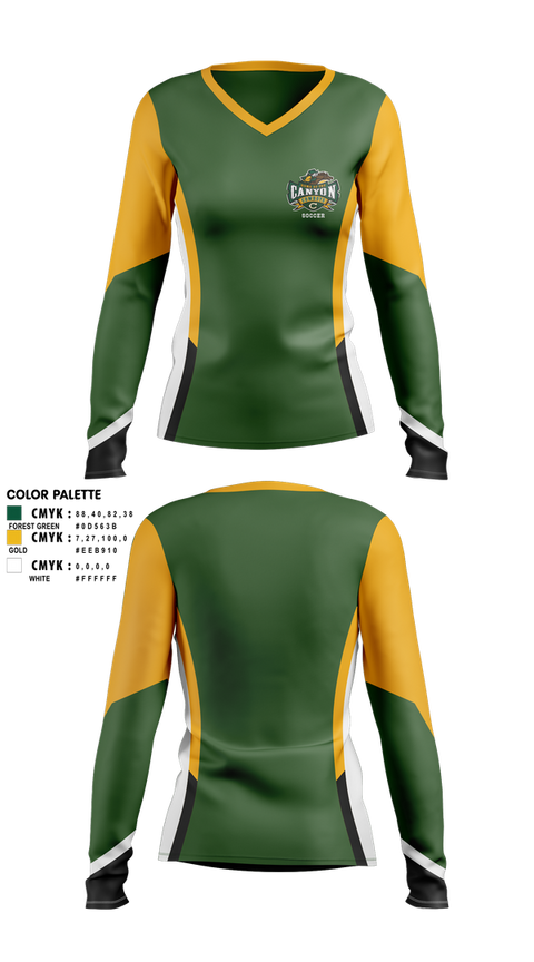 Womens Long Sleeve Vneck Shirt, Canyon High School Girls Soccer, Women's Soccer, Teamtime, Team time, sublimation, custom sports apparel, team uniforms, spirit wear, spiritwear, sports uniforms, custom shirts, team store, custom team store, fundraiser sports, apparel fundraiser