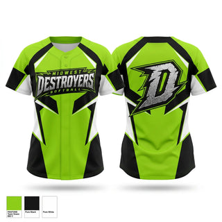 Two Button Softball Jersey, Midwest Destroyers, Softball, Teamtime, Team time, sublimation, custom sports apparel, team uniforms, spirit wear, spiritwear, sports uniforms, custom shirts, team store, custom team store, fundraiser sports, apparel fundraiser