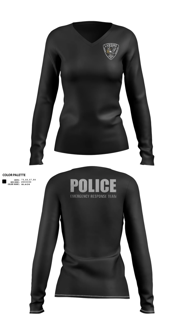 Womens Long Sleeve Vneck Shirt, Lansing Emergency Response Team, Police, Teamtime, Team time, sublimation, custom sports apparel, team uniforms, spirit wear, spiritwear, sports uniforms, custom shirts, team store, custom team store, fundraiser sports, apparel fundraiser