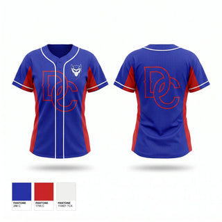 Two Button Softball Jersey, Blue Devils, Softball, Teamtime, Team time, sublimation, custom sports apparel, team uniforms, spirit wear, spiritwear, sports uniforms, custom shirts, team store, custom team store, fundraiser sports, apparel fundraiser
