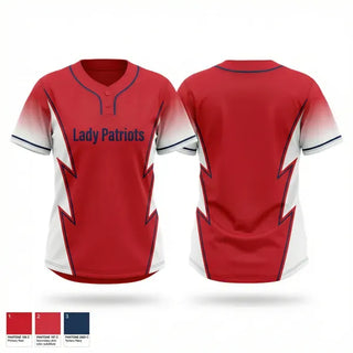 Two Button Softball Jersey, Lady Patriots, Softball, Teamtime, Team time, sublimation, custom sports apparel, team uniforms, spirit wear, spiritwear, sports uniforms, custom shirts, team store, custom team store, fundraiser sports, apparel fundraiser