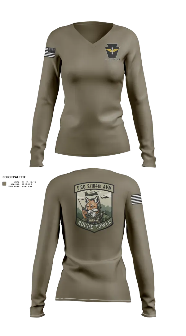 Womens Long Sleeve Vneck Shirt, Fox company 2/104th avn, National Guard, Teamtime, Team time, sublimation, custom sports apparel, team uniforms, spirit wear, spiritwear, sports uniforms, custom shirts, team store, custom team store, fundraiser sports, apparel fundraiser