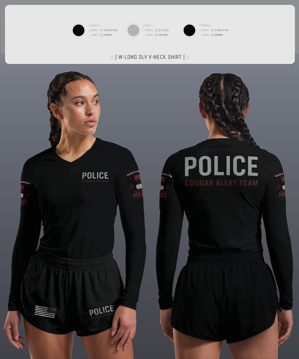 Womens Long Sleeve Vneck Shirt, Cougar Alert Team 1, Police, Teamtime, Team time, sublimation, custom sports apparel, team uniforms, spirit wear, spiritwear, sports uniforms, custom shirts, team store, custom team store, fundraiser sports, apparel fundraiser