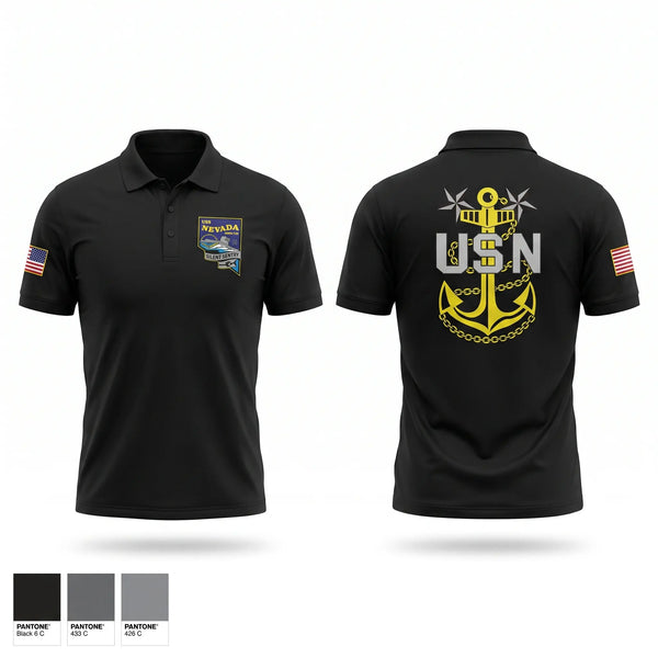 Short Sleeve Performance Polo, USS NEVADA Chief’s Mess, Navy, Teamtime, Team time, sublimation, custom sports apparel, team uniforms, spirit wear, spiritwear, sports uniforms, custom shirts, team store, custom team store, fundraiser sports, apparel fundraiser