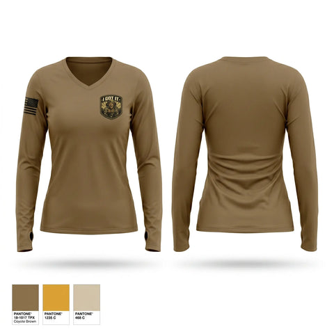 Womens Long Sleeve Vneck Shirt, McGregor Range, Army, Teamtime, Team time, sublimation, custom sports apparel, team uniforms, spirit wear, spiritwear, sports uniforms, custom shirts, team store, custom team store, fundraiser sports, apparel fundraiser