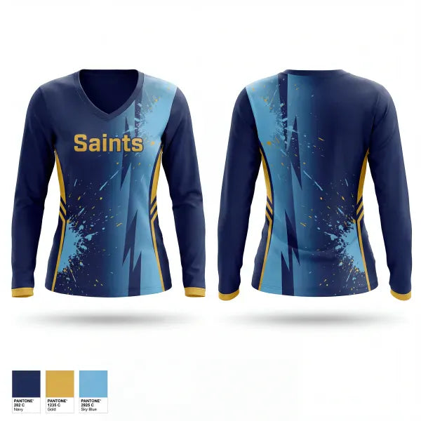 Womens Long Sleeve Vneck Shirt, Saints, Women's Lacrosse, Teamtime, Team time, sublimation, custom sports apparel, team uniforms, spirit wear, spiritwear, sports uniforms, custom shirts, team store, custom team store, fundraiser sports, apparel fundraiser