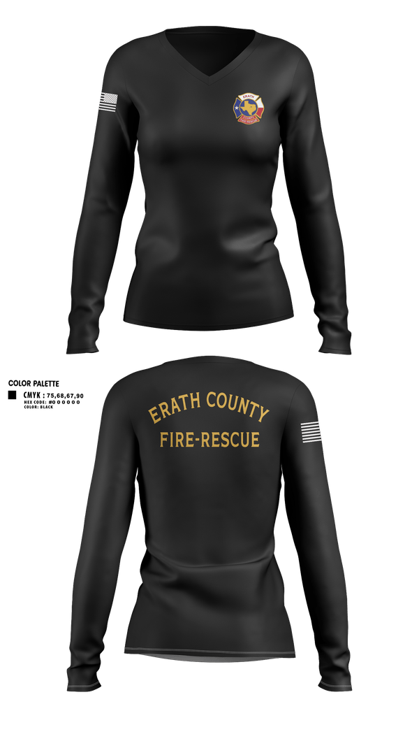 Womens Long Sleeve Vneck Shirt, Erath county fire and rescue, Fire Department, Teamtime, Team time, sublimation, custom sports apparel, team uniforms, spirit wear, spiritwear, sports uniforms, custom shirts, team store, custom team store, fundraiser sports, apparel fundraiser