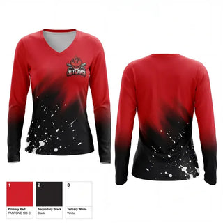 Womens Long Sleeve Vneck Shirt, DownEast Outlaws, Baseball, Teamtime, Team time, sublimation, custom sports apparel, team uniforms, spirit wear, spiritwear, sports uniforms, custom shirts, team store, custom team store, fundraiser sports, apparel fundraiser