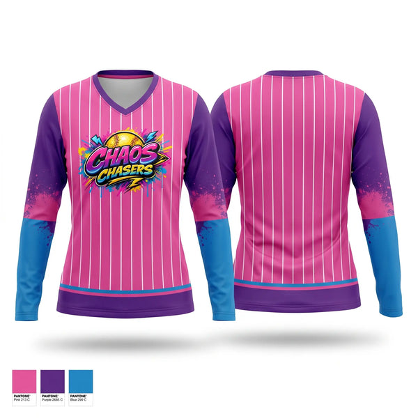 Womens Long Sleeve Vneck Shirt, Chaos Chasers, Softball, Teamtime, Team time, sublimation, custom sports apparel, team uniforms, spirit wear, spiritwear, sports uniforms, custom shirts, team store, custom team store, fundraiser sports, apparel fundraiser
