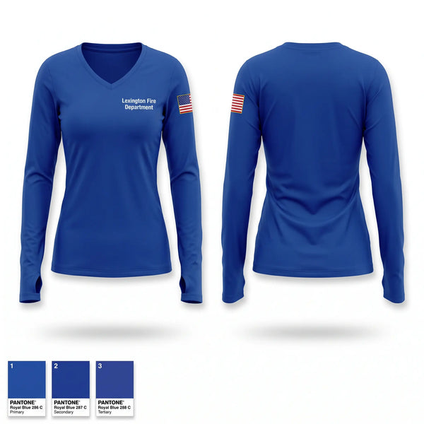 Womens Long Sleeve Vneck Shirt, Lexington Fire Department, Fire Department, Teamtime, Team time, sublimation, custom sports apparel, team uniforms, spirit wear, spiritwear, sports uniforms, custom shirts, team store, custom team store, fundraiser sports, apparel fundraiser