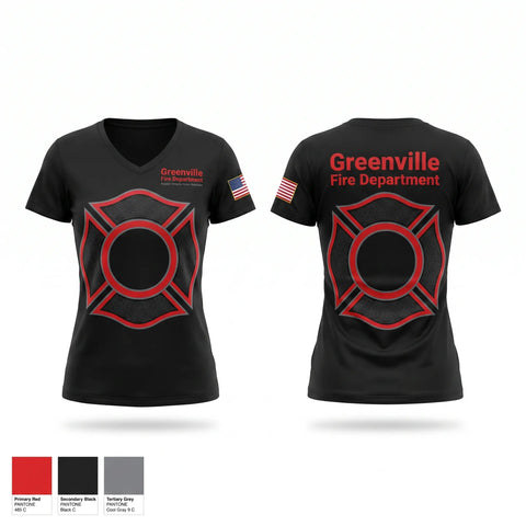 Womens Short Sleeve Vneck Shirt, Greenville Fire Department, Fire Department, Teamtime, Team time, sublimation, custom sports apparel, team uniforms, spirit wear, spiritwear, sports uniforms, custom shirts, team store, custom team store, fundraiser sports, apparel fundraiser