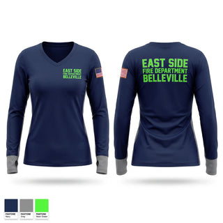 Womens Long Sleeve Vneck Shirt, East Side Fire Department (Belleville), Fire Department, Teamtime, Team time, sublimation, custom sports apparel, team uniforms, spirit wear, spiritwear, sports uniforms, custom shirts, team store, custom team store, fundraiser sports, apparel fundraiser