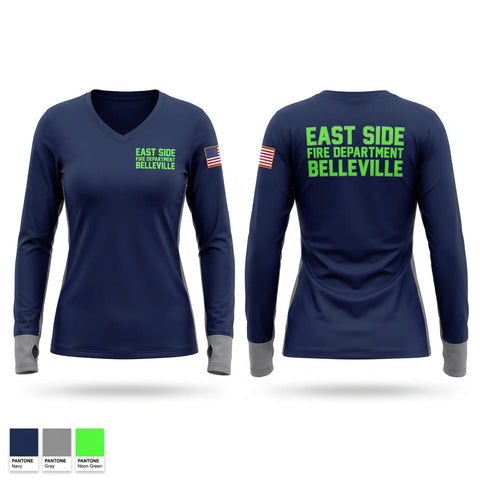 Womens Long Sleeve Vneck Shirt, East Side Fire Department (Belleville), Fire Department, Teamtime, Team time, sublimation, custom sports apparel, team uniforms, spirit wear, spiritwear, sports uniforms, custom shirts, team store, custom team store, fundraiser sports, apparel fundraiser