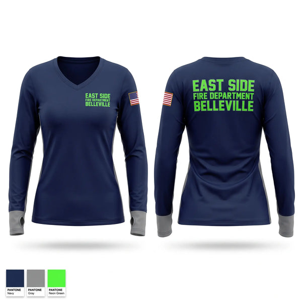 Womens Long Sleeve Vneck Shirt, East Side Fire Department (Belleville), Fire Department, Teamtime, Team time, sublimation, custom sports apparel, team uniforms, spirit wear, spiritwear, sports uniforms, custom shirts, team store, custom team store, fundraiser sports, apparel fundraiser