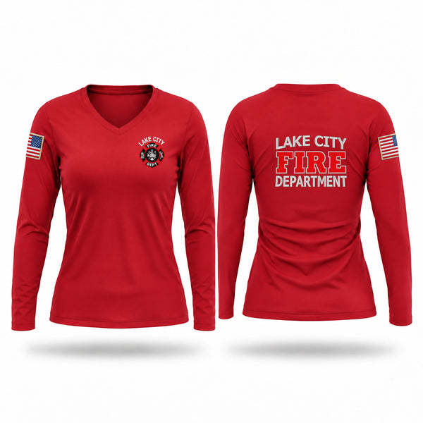Womens Long Sleeve Vneck Shirt, Lake City Fire Department, Fire Department, Teamtime, Team time, sublimation, custom sports apparel, team uniforms, spirit wear, spiritwear, sports uniforms, custom shirts, team store, custom team store, fundraiser sports, apparel fundraiser