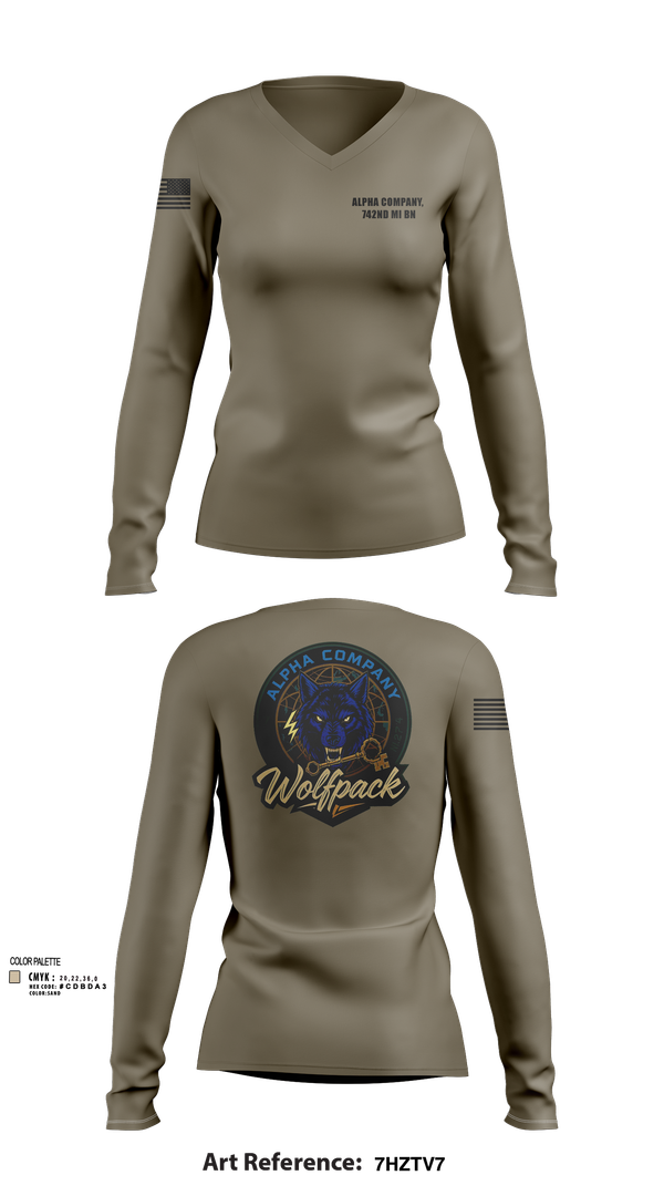 Womens Long Sleeve Vneck Shirt, Alpha Company, 742nd MI BN, , Teamtime, Team time, sublimation, custom sports apparel, team uniforms, spirit wear, spiritwear, sports uniforms, custom shirts, team store, custom team store, fundraiser sports, apparel fundraiser