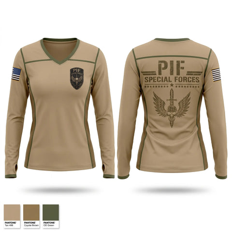 Womens Long Sleeve Vneck Shirt, PIF, Army, Teamtime, Team time, sublimation, custom sports apparel, team uniforms, spirit wear, spiritwear, sports uniforms, custom shirts, team store, custom team store, fundraiser sports, apparel fundraiser