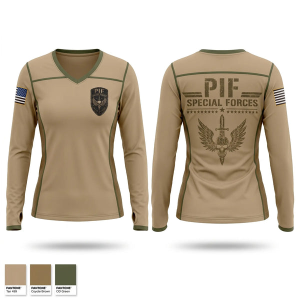 Womens Long Sleeve Vneck Shirt, PIF, Army, Teamtime, Team time, sublimation, custom sports apparel, team uniforms, spirit wear, spiritwear, sports uniforms, custom shirts, team store, custom team store, fundraiser sports, apparel fundraiser