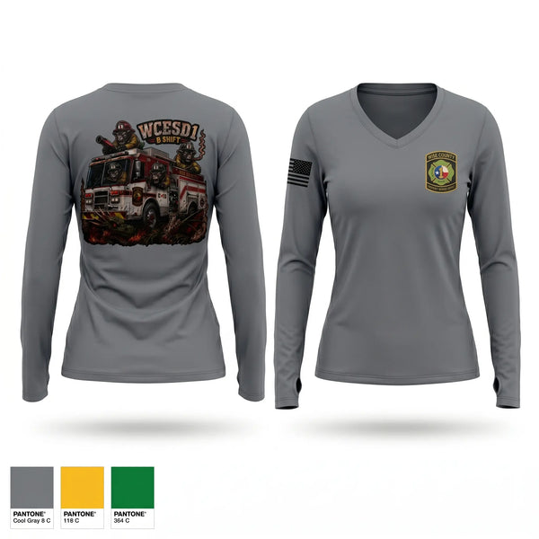 Womens Long Sleeve Vneck Shirt, WCESD1 B shift, Fire Department, Teamtime, Team time, sublimation, custom sports apparel, team uniforms, spirit wear, spiritwear, sports uniforms, custom shirts, team store, custom team store, fundraiser sports, apparel fundraiser