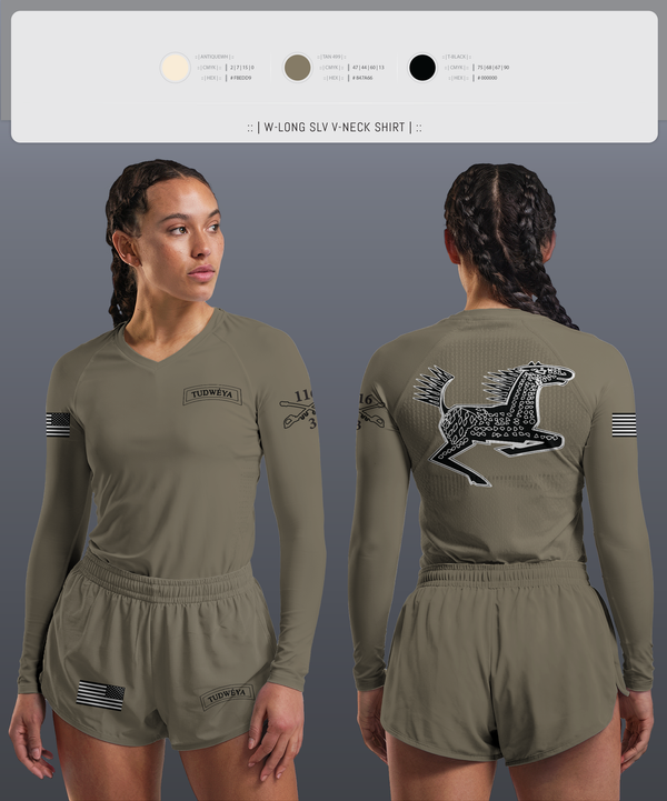 Womens Long Sleeve Vneck Shirt, DET 1 HHC 3-116 CAV, Army, Teamtime, Team time, sublimation, custom sports apparel, team uniforms, spirit wear, spiritwear, sports uniforms, custom shirts, team store, custom team store, fundraiser sports, apparel fundraiser