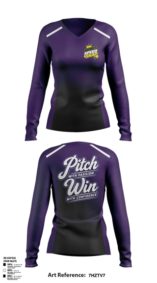 Womens Long Sleeve Vneck Shirt, Spins, Speed & Snap Pitching, , Teamtime, Team time, sublimation, custom sports apparel, team uniforms, spirit wear, spiritwear, sports uniforms, custom shirts, team store, custom team store, fundraiser sports, apparel fundraiser