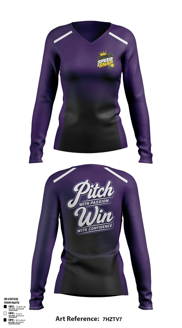 Womens Long Sleeve Vneck Shirt, Spins, Speed & Snap Pitching, , Teamtime, Team time, sublimation, custom sports apparel, team uniforms, spirit wear, spiritwear, sports uniforms, custom shirts, team store, custom team store, fundraiser sports, apparel fundraiser