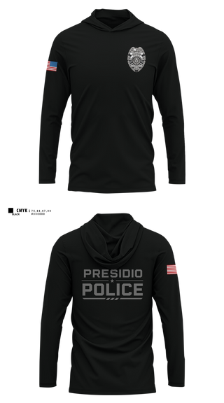 Long Sleeve Performance Shirt with hood, Presidio Police Department, Police, Teamtime, Team time, sublimation, custom sports apparel, team uniforms, spirit wear, spiritwear, sports uniforms, custom shirts, team store, custom team store, fundraiser sports, apparel fundraiser
