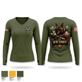 Womens Long Sleeve Vneck Shirt, Camp Pendleton PMO K9, Marines, Teamtime, Team time, sublimation, custom sports apparel, team uniforms, spirit wear, spiritwear, sports uniforms, custom shirts, team store, custom team store, fundraiser sports, apparel fundraiser