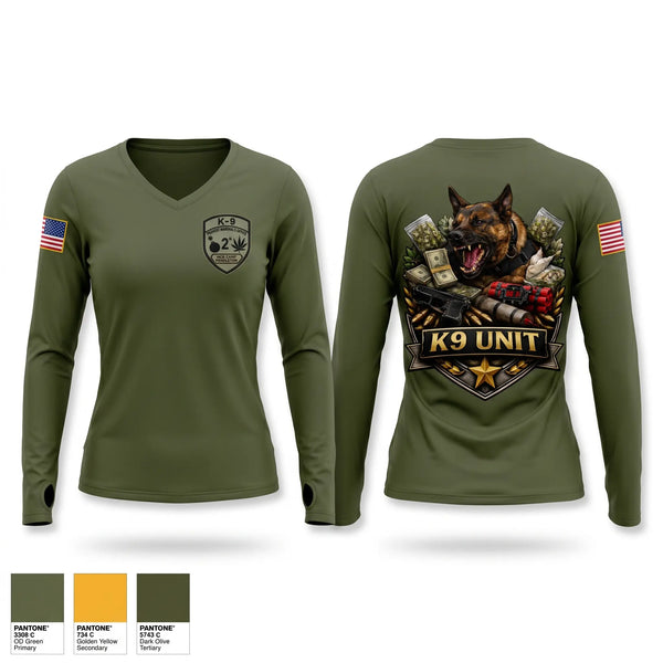 Womens Long Sleeve Vneck Shirt, Camp Pendleton PMO K9, Marines, Teamtime, Team time, sublimation, custom sports apparel, team uniforms, spirit wear, spiritwear, sports uniforms, custom shirts, team store, custom team store, fundraiser sports, apparel fundraiser