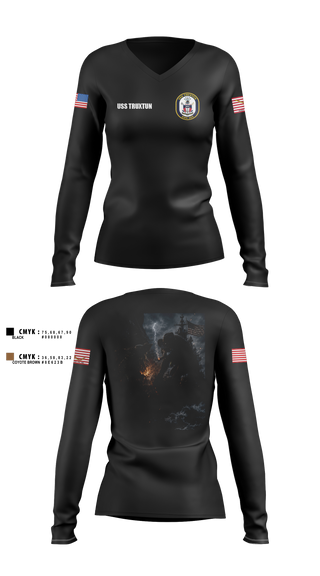 Womens Long Sleeve Vneck Shirt, USS Truxtun DDG 103, Navy, Teamtime, Team time, sublimation, custom sports apparel, team uniforms, spirit wear, spiritwear, sports uniforms, custom shirts, team store, custom team store, fundraiser sports, apparel fundraiser
