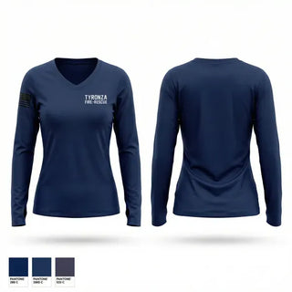 Womens Long Sleeve Vneck Shirt, Tyronza fire/rescue, Fire Department, Teamtime, Team time, sublimation, custom sports apparel, team uniforms, spirit wear, spiritwear, sports uniforms, custom shirts, team store, custom team store, fundraiser sports, apparel fundraiser