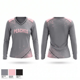 Womens Long Sleeve Vneck Shirt, Peaches, Softball, Teamtime, Team time, sublimation, custom sports apparel, team uniforms, spirit wear, spiritwear, sports uniforms, custom shirts, team store, custom team store, fundraiser sports, apparel fundraiser