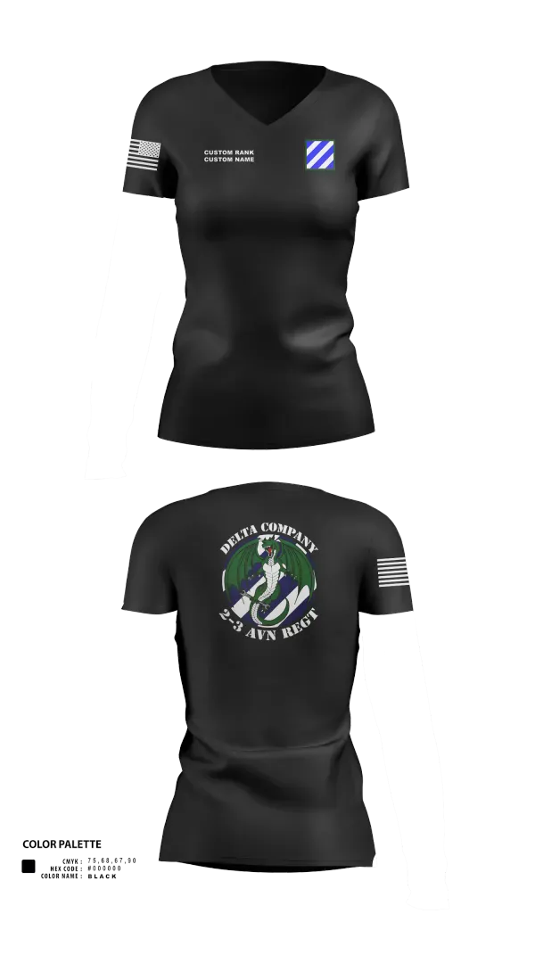 Womens Short Sleeve Vneck Shirt, D Co. 2-3 AVN REGT “Dragons”, Army, Teamtime, Team time, sublimation, custom sports apparel, team uniforms, spirit wear, spiritwear, sports uniforms, custom shirts, team store, custom team store, fundraiser sports, apparel fundraiser