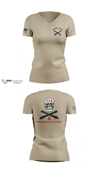 Womens Short Sleeve Vneck Shirt, A Battery 1-134th Field Artillery, Army, Teamtime, Team time, sublimation, custom sports apparel, team uniforms, spirit wear, spiritwear, sports uniforms, custom shirts, team store, custom team store, fundraiser sports, apparel fundraiser