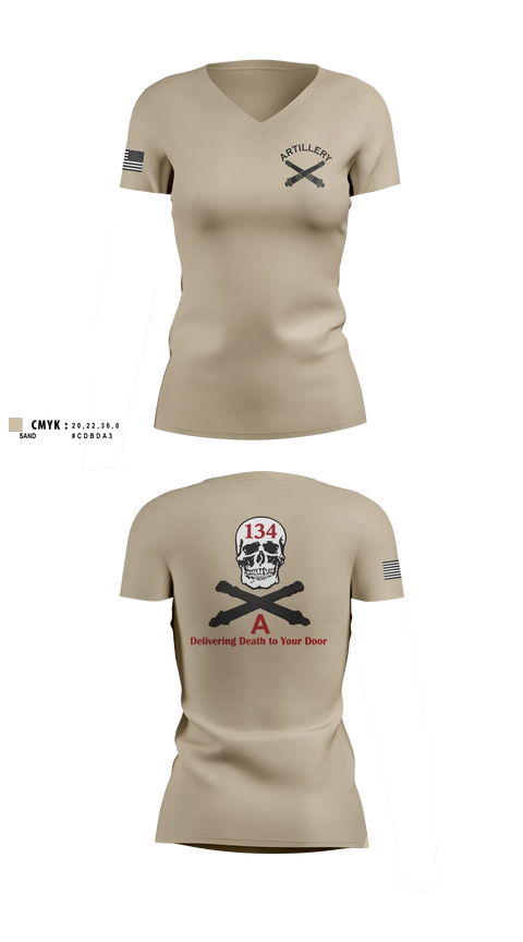 Womens Short Sleeve Vneck Shirt, A Battery 1-134th Field Artillery, Army, Teamtime, Team time, sublimation, custom sports apparel, team uniforms, spirit wear, spiritwear, sports uniforms, custom shirts, team store, custom team store, fundraiser sports, apparel fundraiser