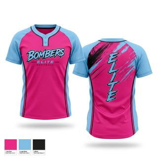 Two Button Softball Jersey, Bombers Elite, Softball, Teamtime, Team time, sublimation, custom sports apparel, team uniforms, spirit wear, spiritwear, sports uniforms, custom shirts, team store, custom team store, fundraiser sports, apparel fundraiser
