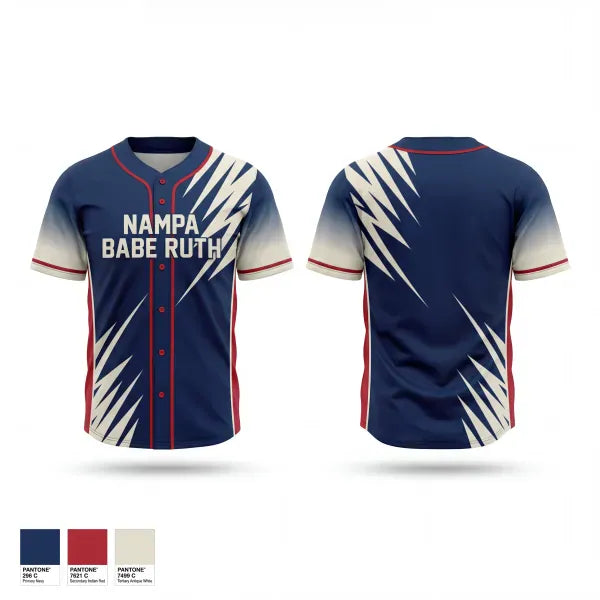 Full Button Baseball Jersey, Nampa Babe Ruth, Baseball, Teamtime, Team time, sublimation, custom sports apparel, team uniforms, spirit wear, spiritwear, sports uniforms, custom shirts, team store, custom team store, fundraiser sports, apparel fundraiser