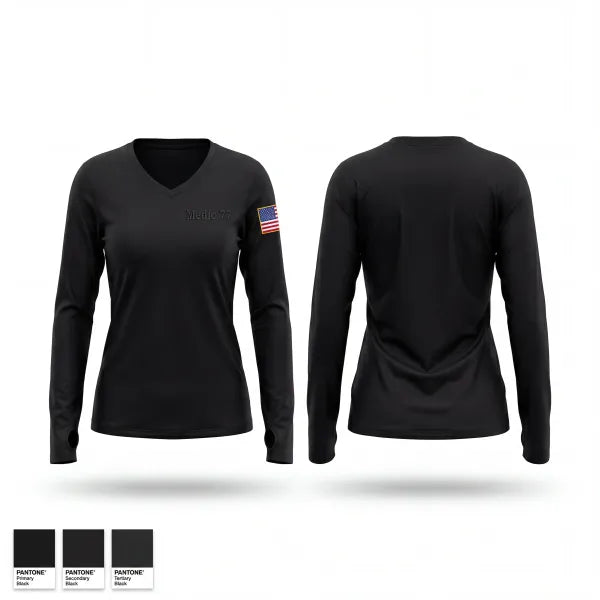 Womens Long Sleeve Vneck Shirt, Medic 77, Fire Department, Teamtime, Team time, sublimation, custom sports apparel, team uniforms, spirit wear, spiritwear, sports uniforms, custom shirts, team store, custom team store, fundraiser sports, apparel fundraiser