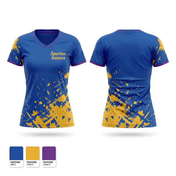 Womens Short Sleeve Vneck Shirt, Spartan Seniors, Cross Country, Teamtime, Team time, sublimation, custom sports apparel, team uniforms, spirit wear, spiritwear, sports uniforms, custom shirts, team store, custom team store, fundraiser sports, apparel fundraiser