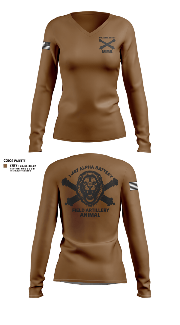 Womens Long Sleeve Vneck Shirt, 1-487 Alpha Battery Field Artillery, National Guard, Teamtime, Team time, sublimation, custom sports apparel, team uniforms, spirit wear, spiritwear, sports uniforms, custom shirts, team store, custom team store, fundraiser sports, apparel fundraiser