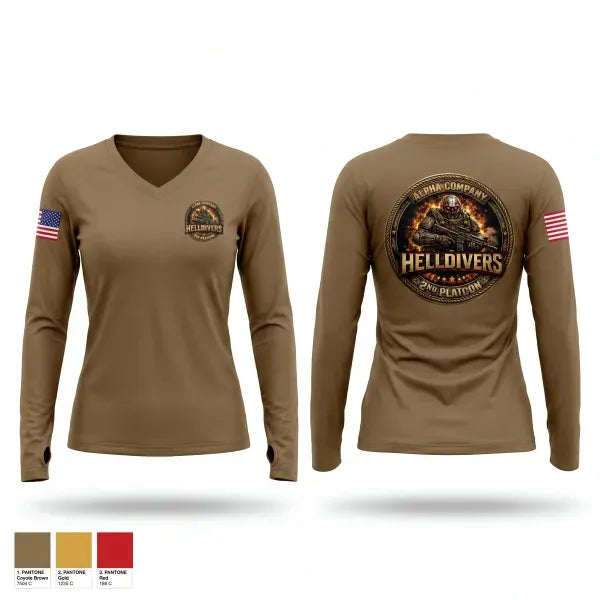 Womens Long Sleeve Vneck Shirt, A Co, 3-60th, 2nd Platoon, Army, Teamtime, Team time, sublimation, custom sports apparel, team uniforms, spirit wear, spiritwear, sports uniforms, custom shirts, team store, custom team store, fundraiser sports, apparel fundraiser