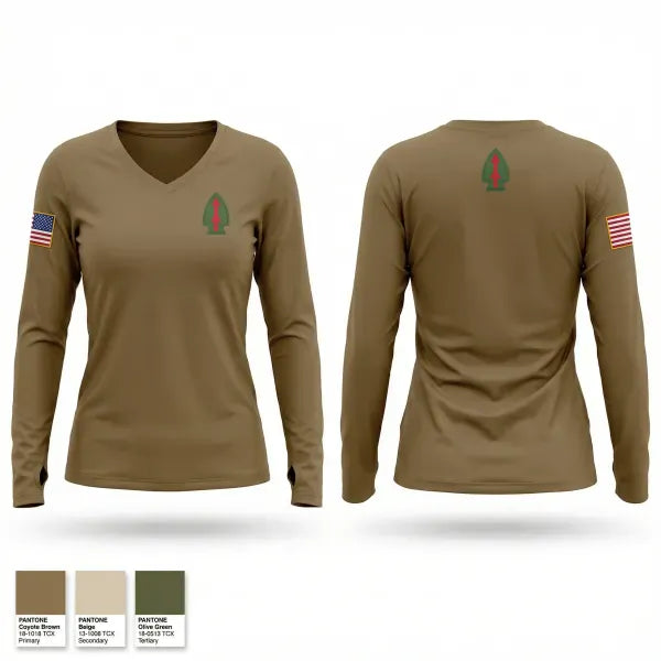 Womens Long Sleeve Vneck Shirt, 120th FA, National Guard, Teamtime, Team time, sublimation, custom sports apparel, team uniforms, spirit wear, spiritwear, sports uniforms, custom shirts, team store, custom team store, fundraiser sports, apparel fundraiser