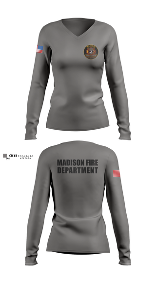 Womens Long Sleeve Vneck Shirt, Madison Fire Department, Fire Department, Teamtime, Team time, sublimation, custom sports apparel, team uniforms, spirit wear, spiritwear, sports uniforms, custom shirts, team store, custom team store, fundraiser sports, apparel fundraiser