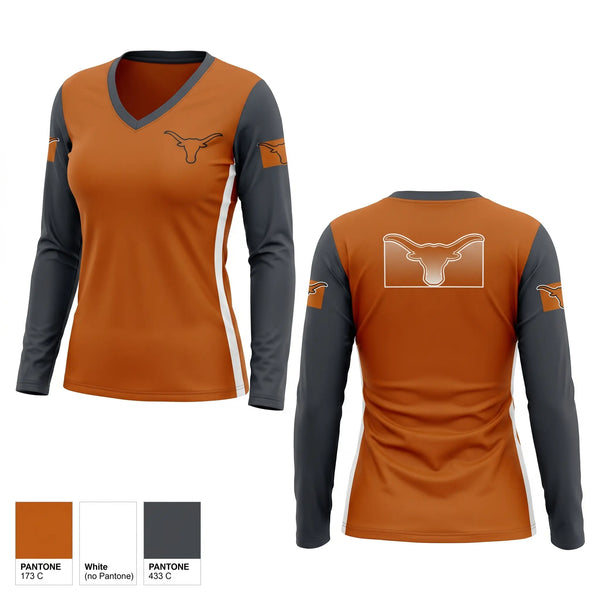 Womens Long Sleeve Vneck Shirt, Los Gatos Longhorns, , Teamtime, Team time, sublimation, custom sports apparel, team uniforms, spirit wear, spiritwear, sports uniforms, custom shirts, team store, custom team store, fundraiser sports, apparel fundraiser