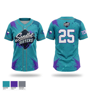 Two Button Softball Jersey, Sandlot Sisters, Softball, Teamtime, Team time, sublimation, custom sports apparel, team uniforms, spirit wear, spiritwear, sports uniforms, custom shirts, team store, custom team store, fundraiser sports, apparel fundraiser